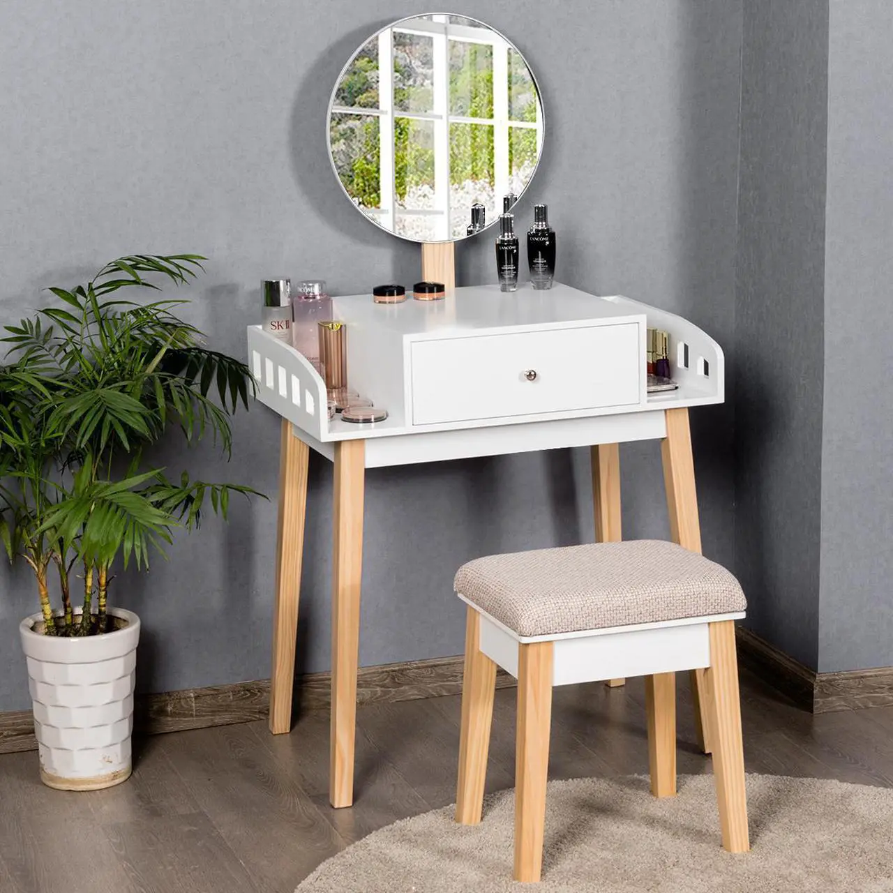 Main image of Costway Wooden Vanity Makeup Dressing Table Stool Round w/Drawer