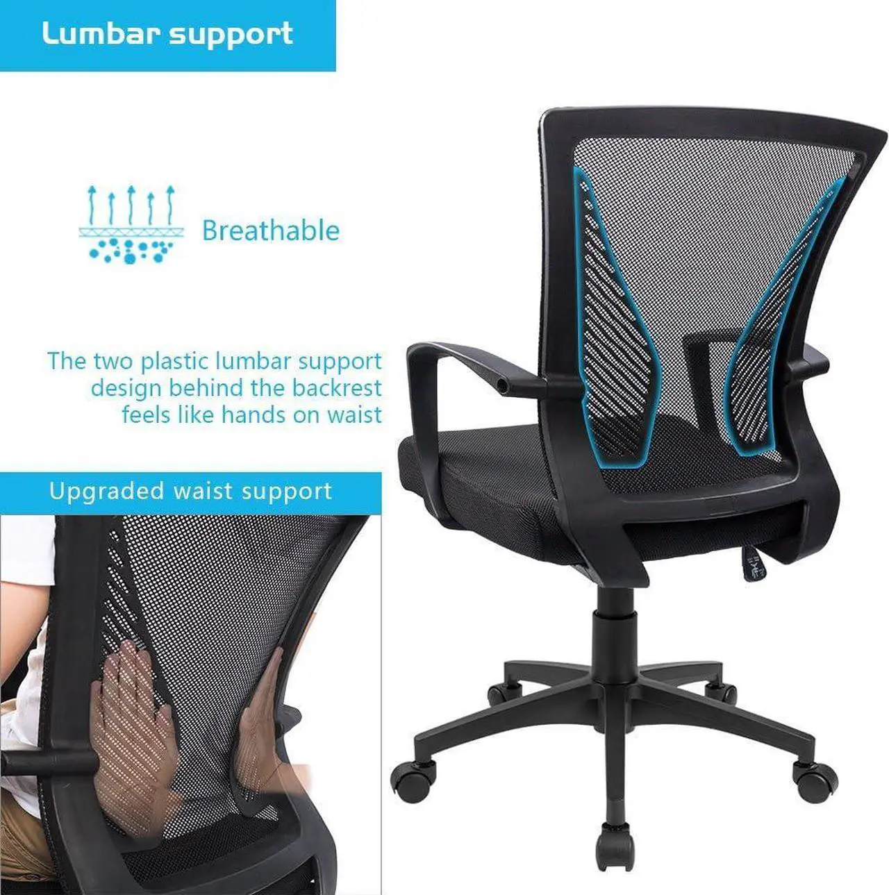 Alt view image 6 of 7 - Office Chair Mid Back Swivel Lumbar Support Desk Chair, Computer Ergonomic Mesh Chair with Armrest (Black)