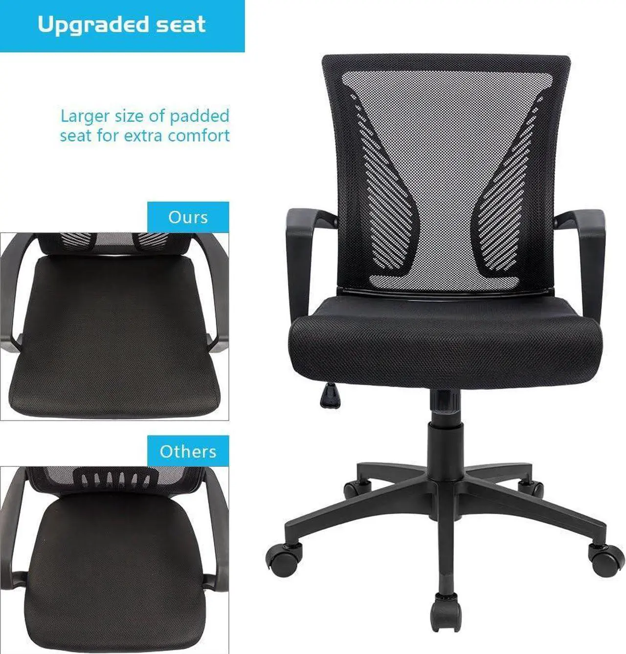 Alt view image 4 of 7 - Office Chair Mid Back Swivel Lumbar Support Desk Chair, Computer Ergonomic Mesh Chair with Armrest (Black)