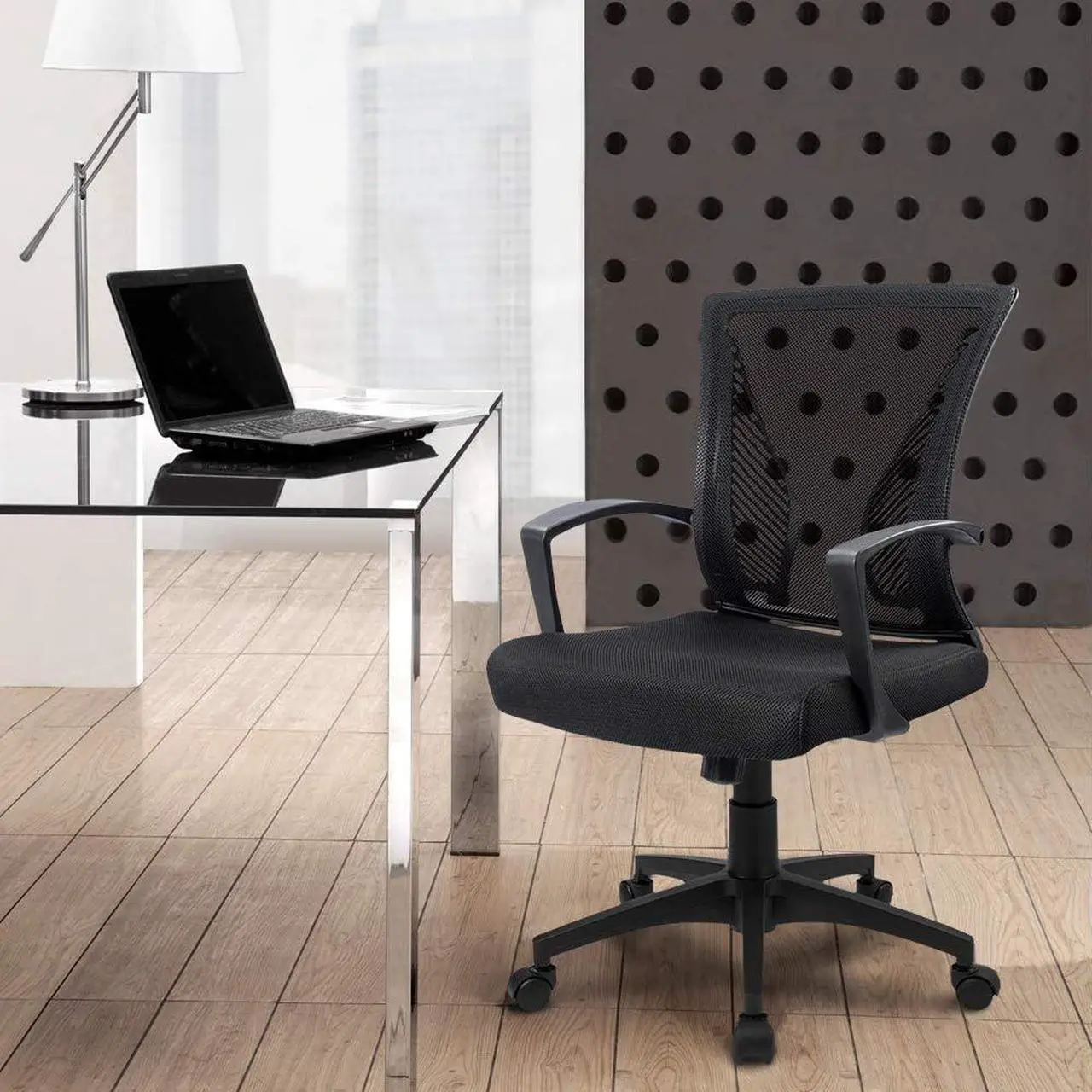 Alt view image 2 of 7 - Office Chair Mid Back Swivel Lumbar Support Desk Chair, Computer Ergonomic Mesh Chair with Armrest (Black)