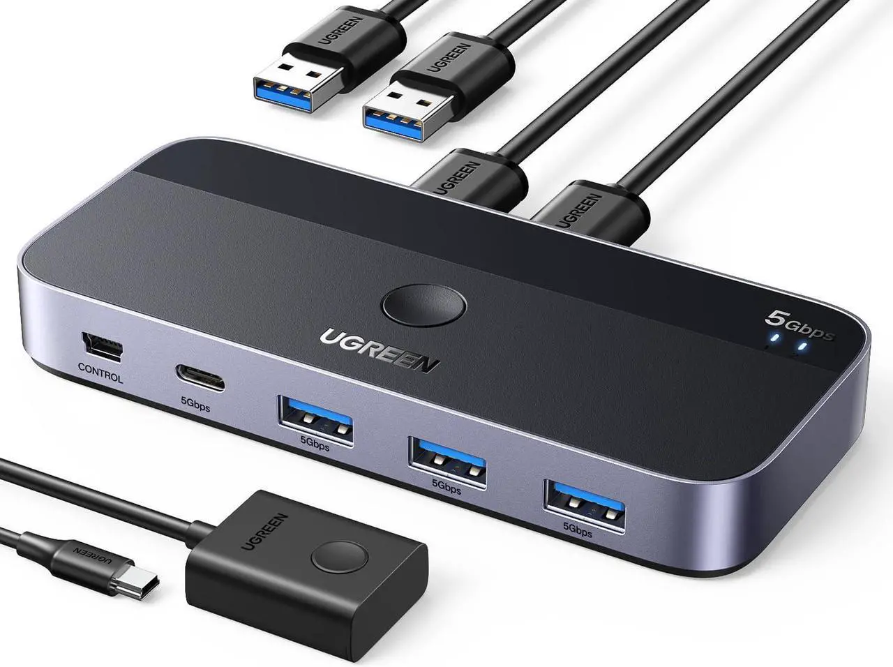 Main image of UGREEN USB 3.0 Switch 2 Computers Sharing USB C & A Devices, 4 Port USB Switcher Sharing Keyboard and Mouse, Printer/Scanner USB Switch Hub for Two Computers with 2 USB3.0 Cables and Remote