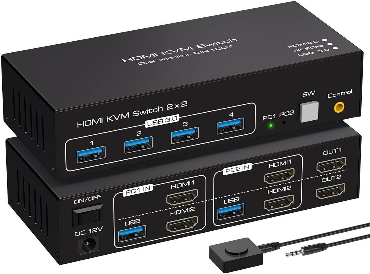 Dual Monitor KVM Switch HDMI 2 Port 4K60Hz KVM Switcher for 2 Computers 2 Monitors with 4 USB 3.0 Ports Support Copy and Extended Display and Desktop Control Including 2 USB 3.0 Cable