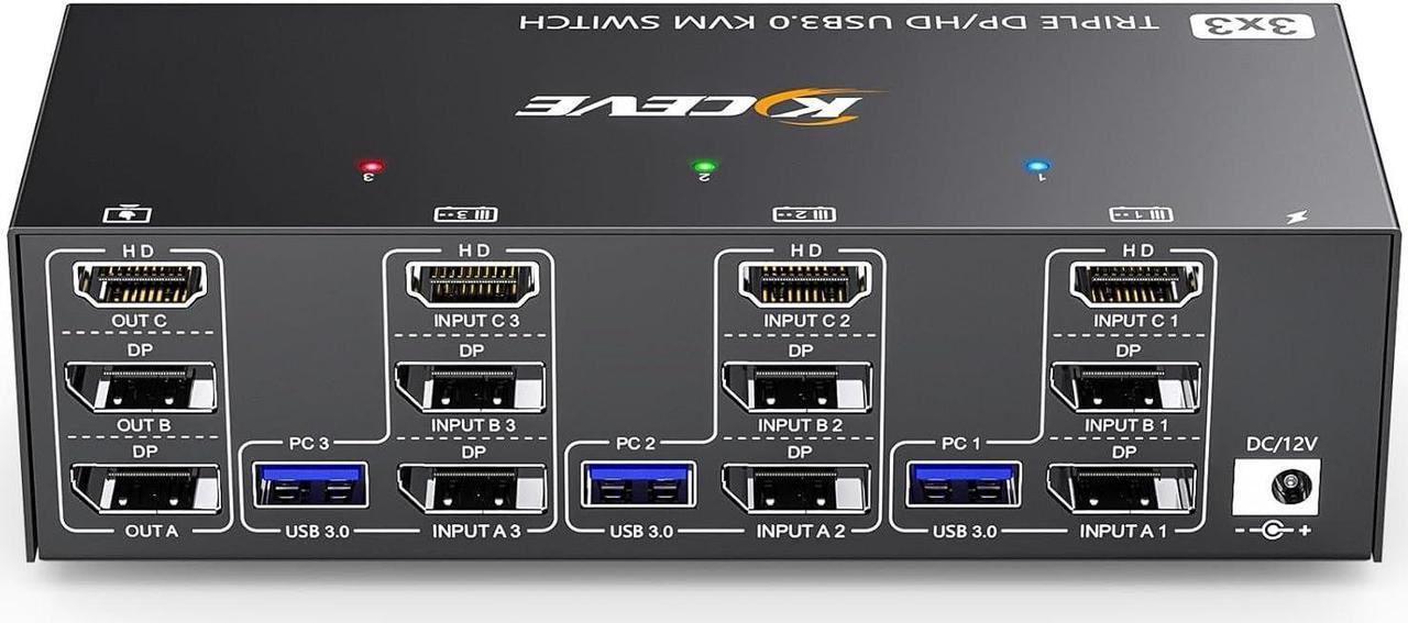 KVM Switch 3 Monitors 3 Computers 8K@60Hz 4K@144Hz, Camgeet HDMI+2 Displayport KVM Switch Triple Monitor for 3 Computer Share 3 Monitor and 4 USB3.0 Devices,Wired Remote and 12V power adapter Included