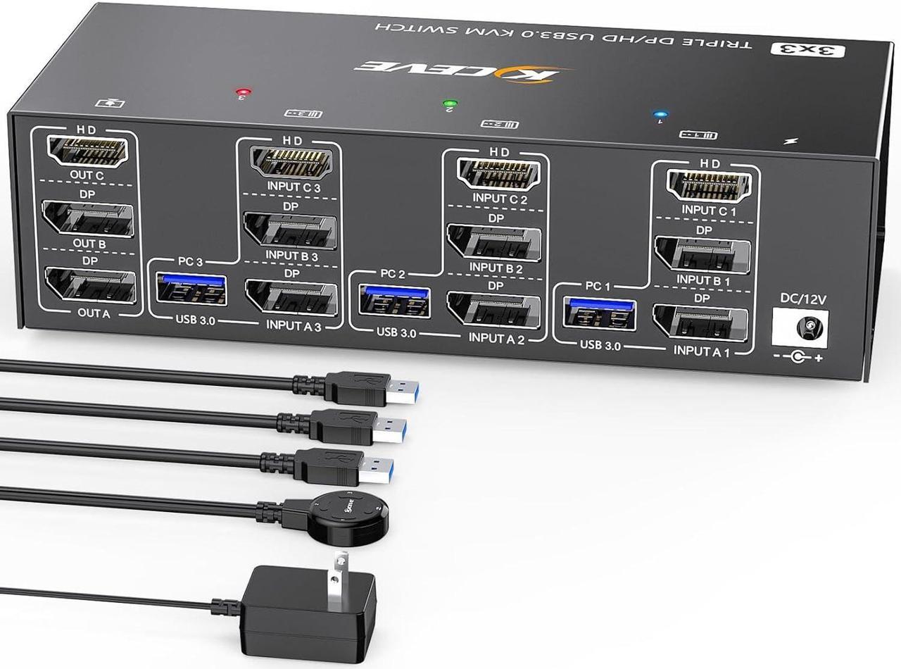 2 Displayport + HDMI USB 3.0 KVM Switch 3 Monitors 3 Computers, 8K@60Hz,4K@144Hz Triple Monitor KVM with 4 USB 3.0 Ports, KVM Triple Monitor Keyboard Mouse Switcher,Included KVM Cables