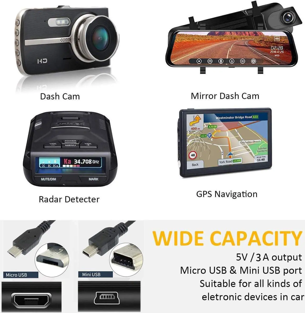 Alt view image 2 of 7 - Dash Cam Hardwire Kit 12-24V to 5V / 3A, Micro USB & Mini USB Hard Wire Kit Fuse for Dashcam, Dash Camera Charger Power Cord,  13ft)