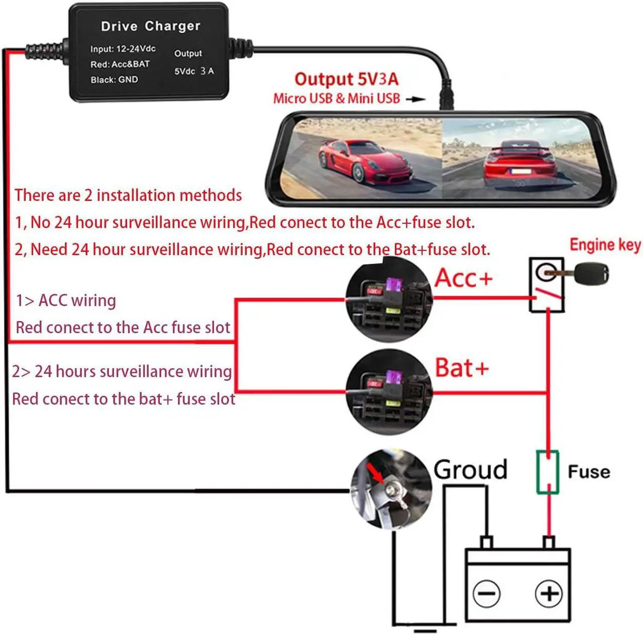 Alt view image 3 of 7 - Dash Cam Hardwire Kit 12-24V to 5V / 3A, Micro USB & Mini USB Hard Wire Kit Fuse for Dashcam, Dash Camera Charger Power Cord,  13ft)