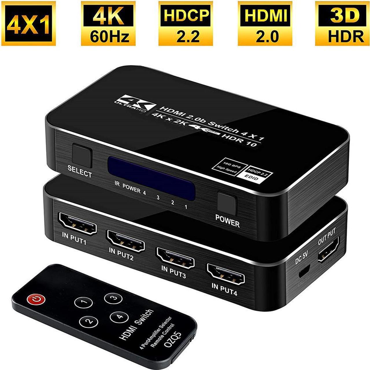 4K HDR HDMI Switch, 4 Ports 4K 60Hz HDMI 2.0 Switcher Selector with IR Wireless Remote, Supports UltraHD Dolby Vision, High Speed(Max to 18.5Gbps), HDR10, HDCP 2.2 & 3D