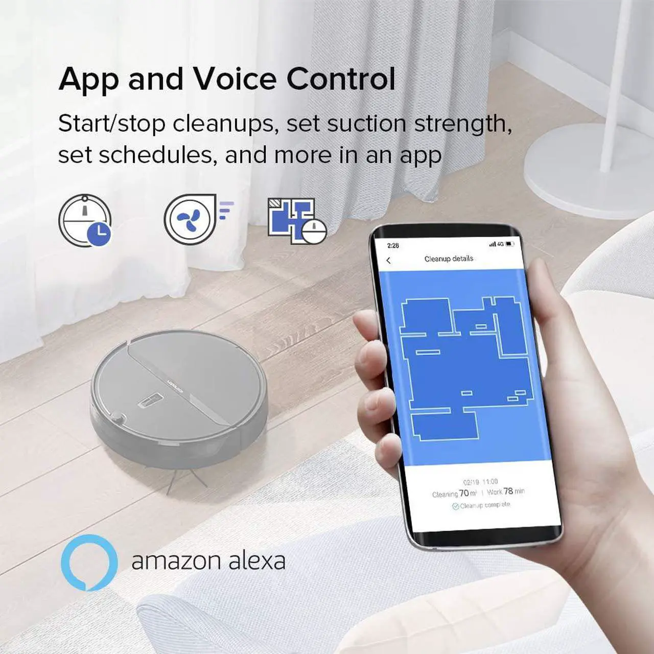 Alt view image 7 of 7 - GEERLEP D2-001 1500Pa Robot Vacuum Cleaner Wi-Fi Connectivity, Works with Alexa, Good for Pet Hair, Carpets, Hard Floors, Self-Charging,120min Runtime