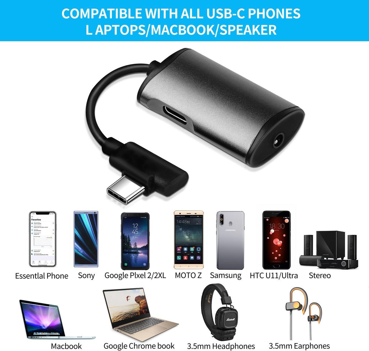 Alt view image 5 of 5 - 2-in-1 90 Degree USB-C PD Headphone Jack Adapter, Type-C to 3.5mm Audio Adapter, for Aux, Stereo, Earphones, Headset, Headphones, Compatible with Galaxy S20/S10/Note10, Pixel 3/4, iPad Pro 2020, Black