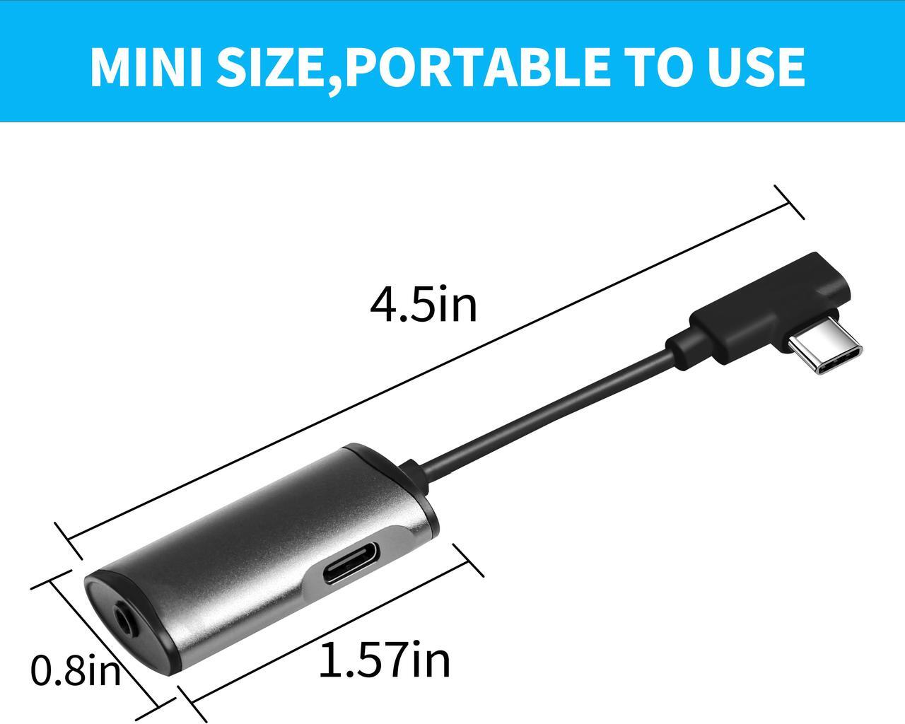 Alt view image 2 of 5 - 2-in-1 90 Degree USB-C PD Headphone Jack Adapter, Type-C to 3.5mm Audio Adapter, for Aux, Stereo, Earphones, Headset, Headphones, Compatible with Galaxy S20/S10/Note10, Pixel 3/4, iPad Pro 2020, Black