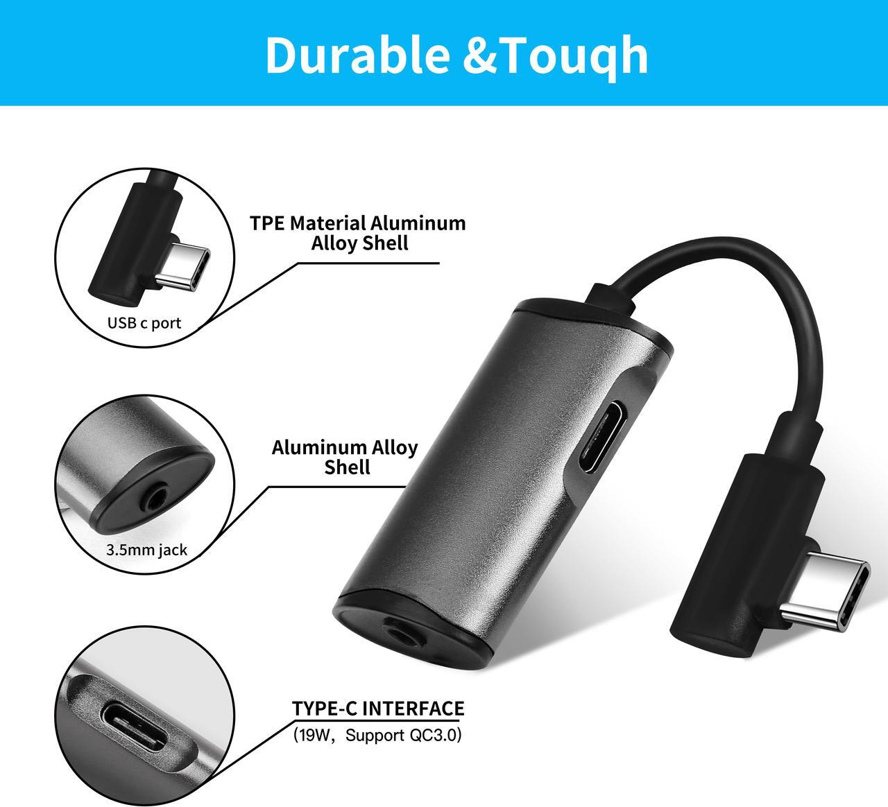 Alt view image 3 of 5 - 2-in-1 90 Degree USB-C PD Headphone Jack Adapter, Type-C to 3.5mm Audio Adapter, for Aux, Stereo, Earphones, Headset, Headphones, Compatible with Galaxy S20/S10/Note10, Pixel 3/4, iPad Pro 2020, Black