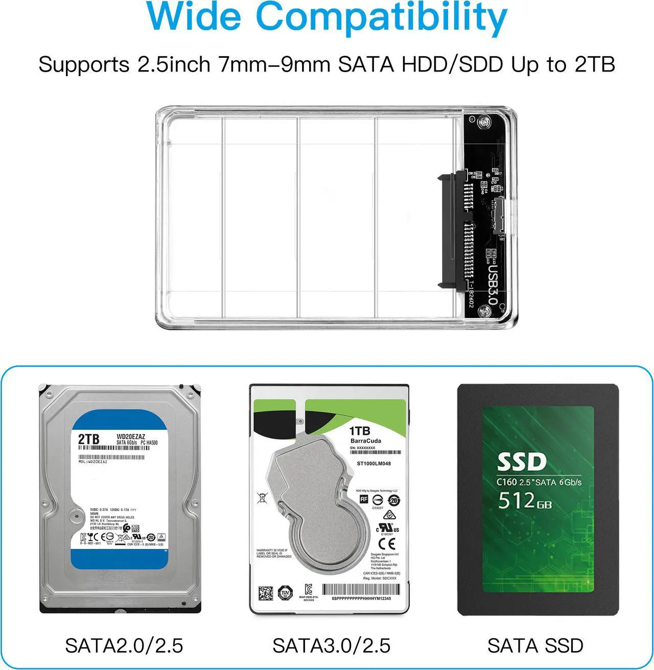 Alt view image 5 of 6 - 2.5' USB 3.0 External Hard Drive Enclosure, USB3.0 to SATA Portable Clear Hard Disk Case for 2.5 inch 7mm 9.5mm SATA HDD SSD, Support UASP SATA III, Max 4TB, Tool-Free Design