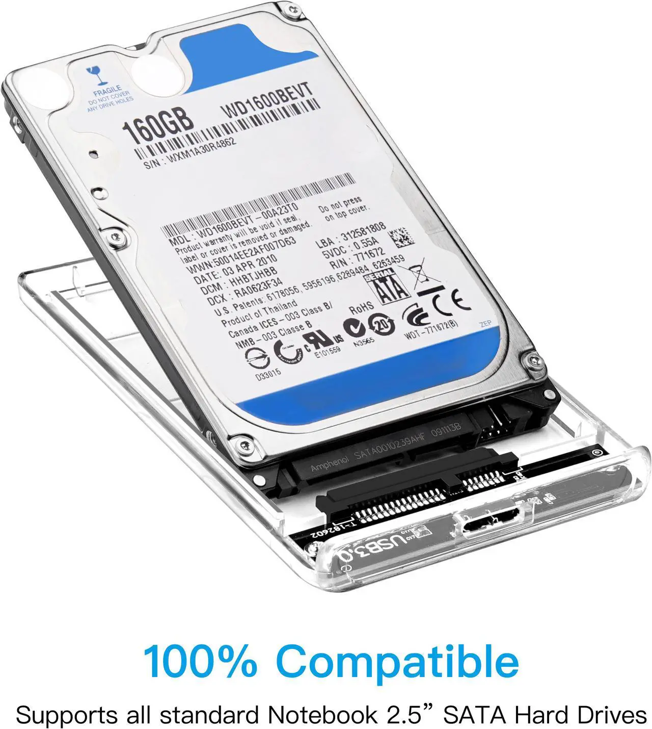 Alt view image 4 of 6 - 2.5' USB 3.0 External Hard Drive Enclosure, USB3.0 to SATA Portable Clear Hard Disk Case for 2.5 inch 7mm 9.5mm SATA HDD SSD, Support UASP SATA III, Max 4TB, Tool-Free Design