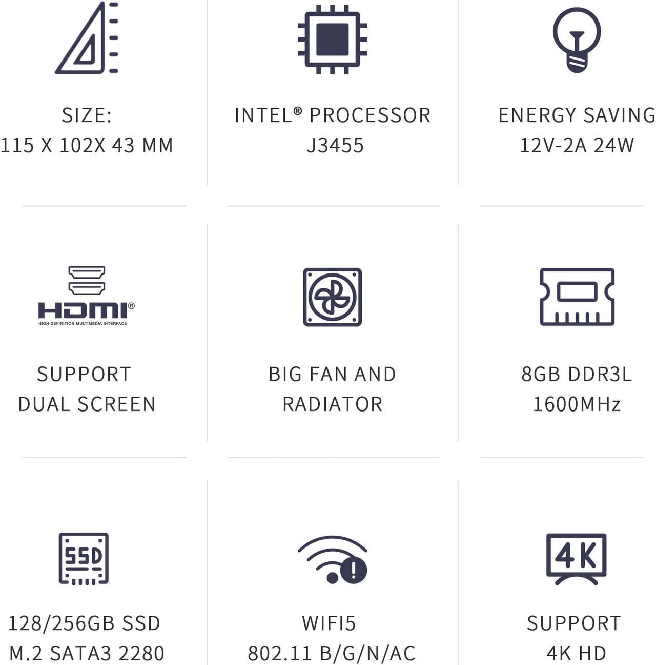 Alt view image 2 of 7 - Mini Desktop Computer,Mini PC Windows 10 pro for Home Office Gaming, Celeron J3455 Quad-Core Processor,8G RAM+256G ROM/SSD/M.2 SATA,4K HD Supported,Gigabit Ethernet/WiFi 5/ BT4.0/ USB 3.0