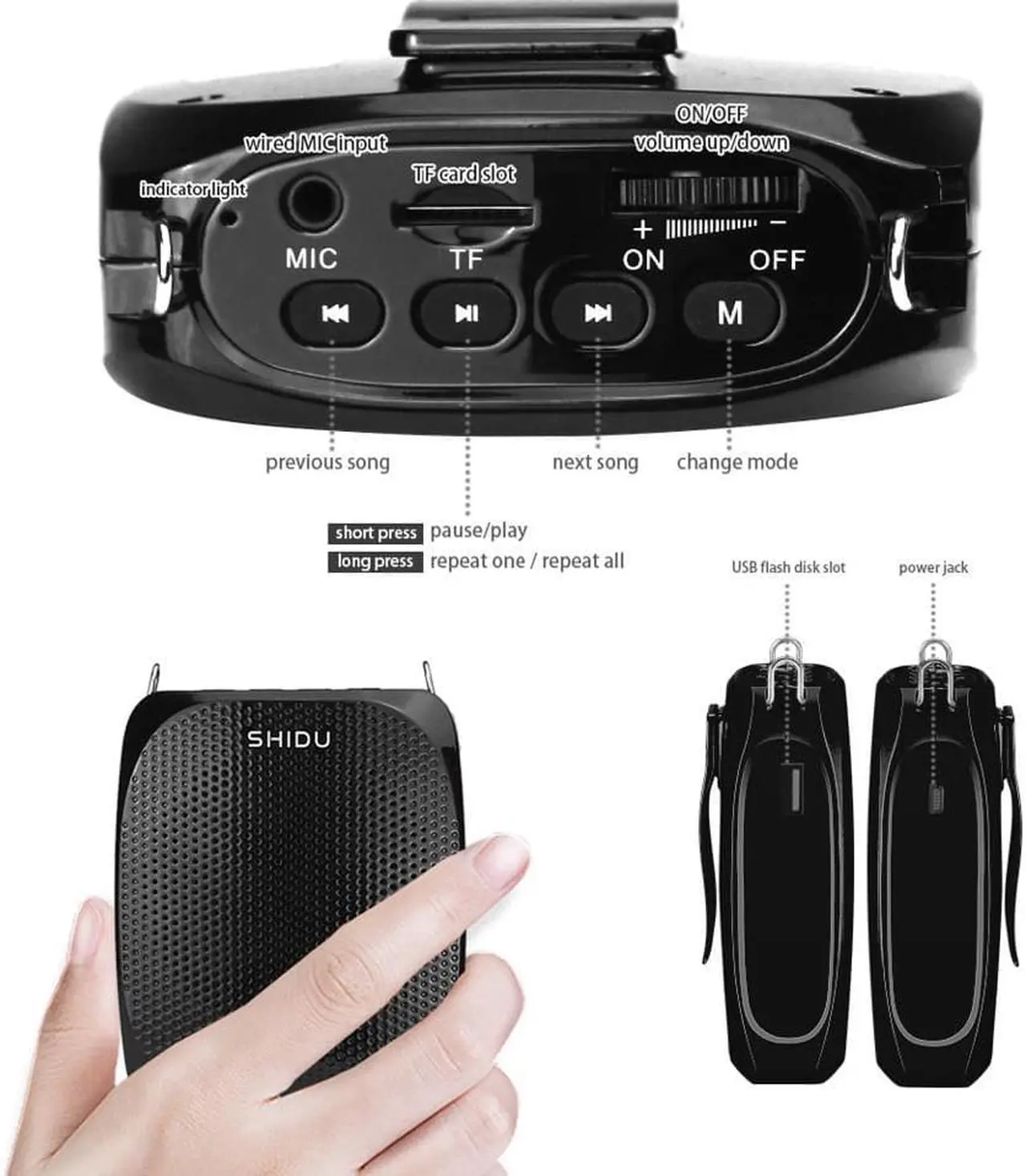 Alt view image 2 of 7 - Shidu Portable Rechargeable Mini Voice Amplifier with Wired Microphone Headset and Waistband Supports MP3 Format Audio for Teachers Singing Coaches Training Presentation Tour Guide