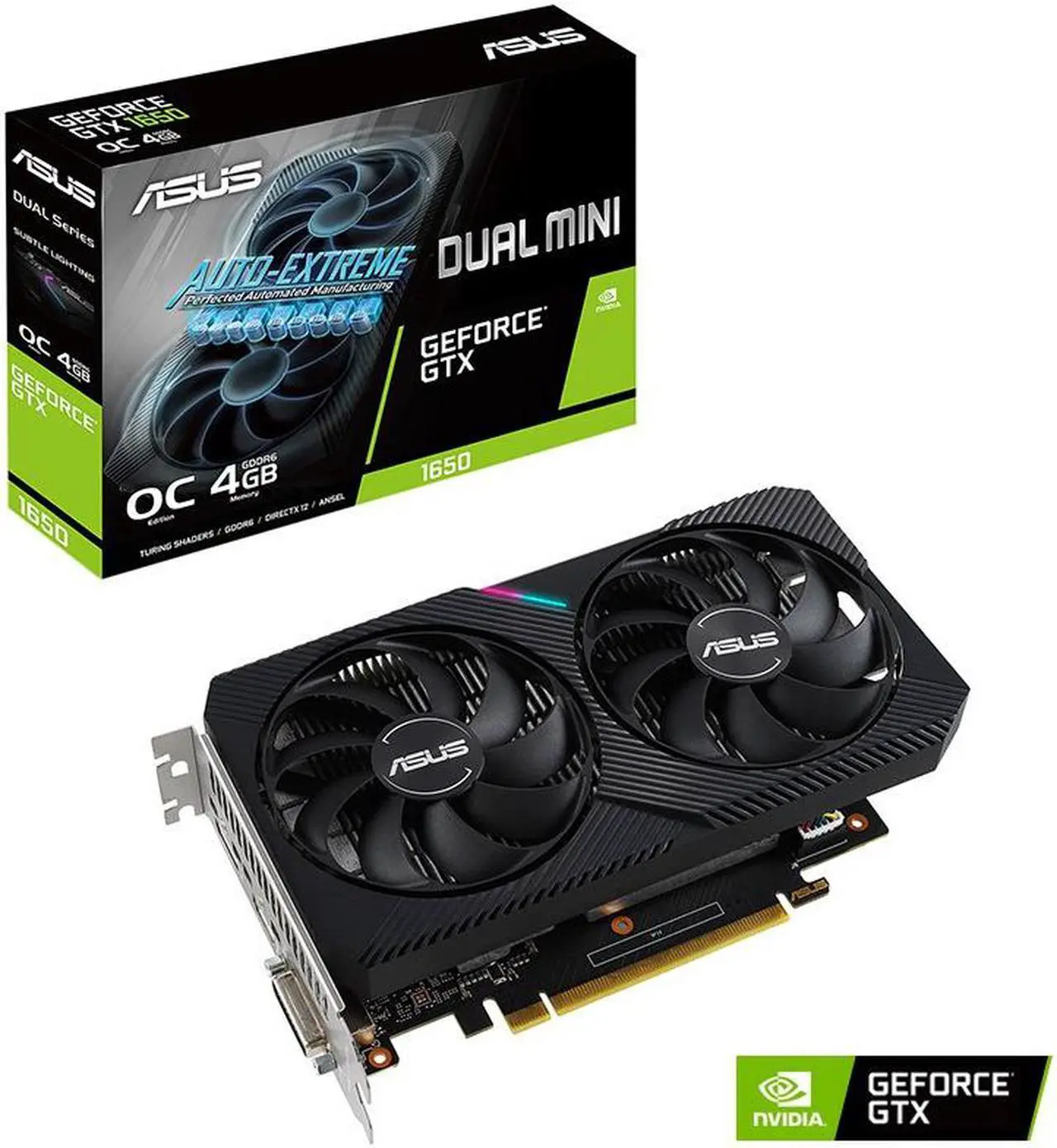 Main image of ASUS Dual GeForce® GTX 1650 MINI OC edition 4GB GDDR6 mini graphics card is equipped with two powerful axial fans, designed for Intel® NUC 9 Extreme kit, Intel® NUC 9 Pro kit, and other small chassis!