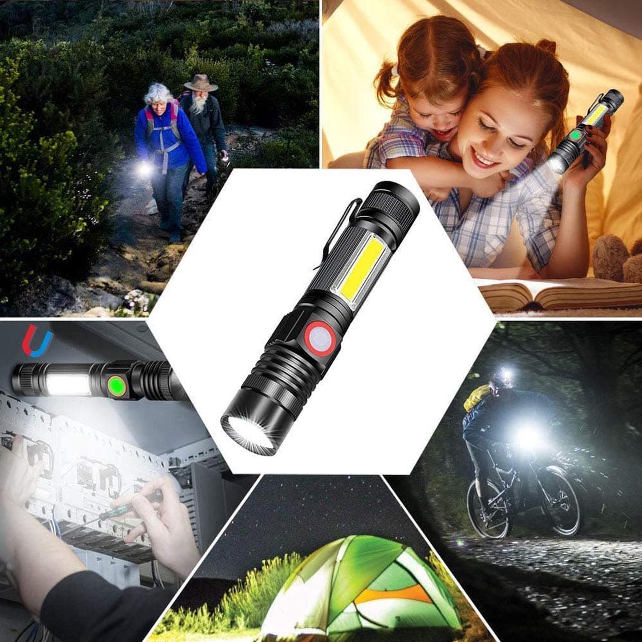 Alt view image 6 of 6 - Rechargeable flashlight (without battery), electromagnetic flashlight with COB side light, super bright Cree LED, waterproof, zoomable, best camping, emergency flashlight