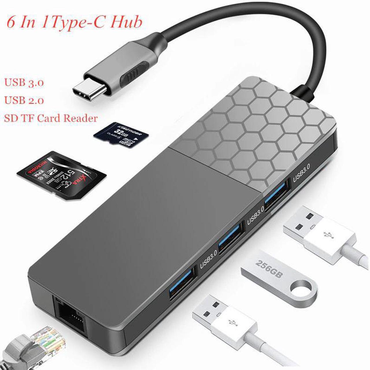 6 In 1Type-C Hub USB-C Type-C Hub Docking Station USB 3.0 / RJ45 Fast Speed Transfer  TF Card Reader Adaptors Charger Hub