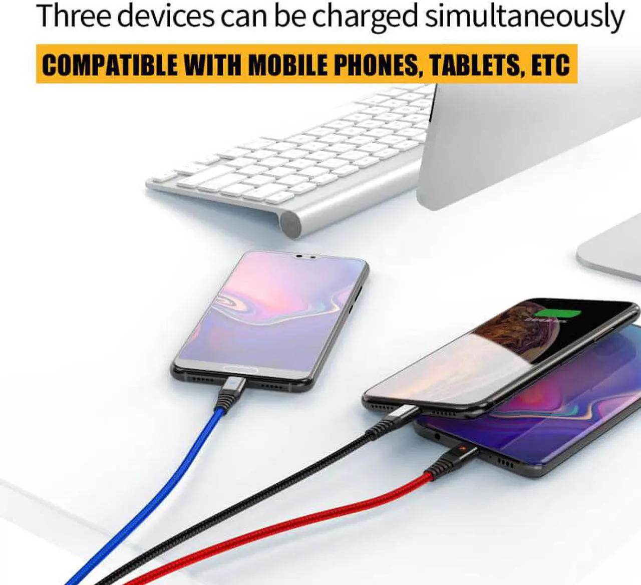 Alt view image 5 of 6 - Multi Charger Cable, Nylon Braided Universal 3 in 1 Multiple Ports Devices USB Charging Cord with USB Type C/Micro USB Connectors for Phones Tablets (Charging Only) - 4Ft, 2Pack