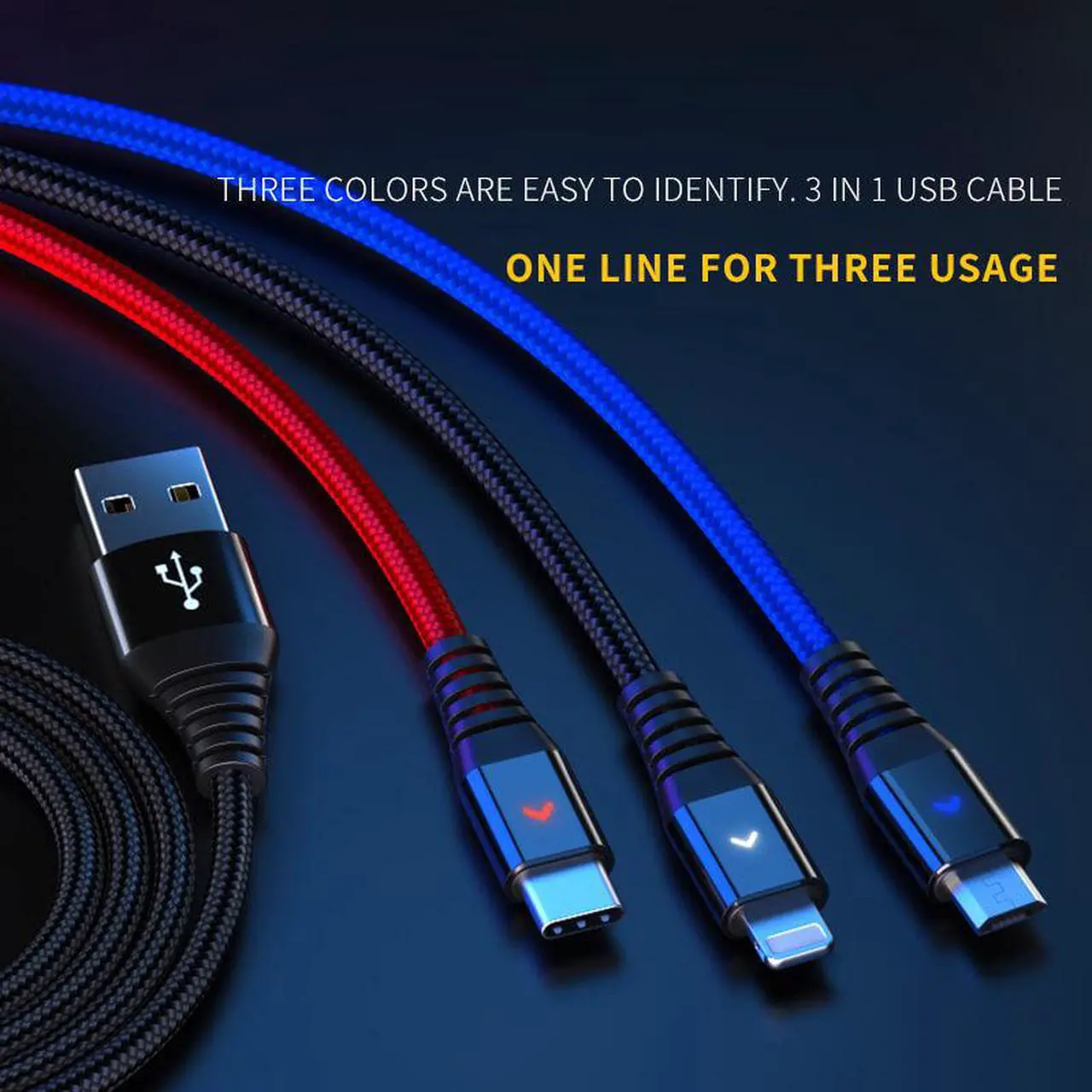 Alt view image 2 of 6 - Multi Charger Cable, Nylon Braided Universal 3 in 1 Multiple Ports Devices USB Charging Cord with USB Type C/Micro USB Connectors for Phones Tablets (Charging Only) - 4Ft, 2Pack