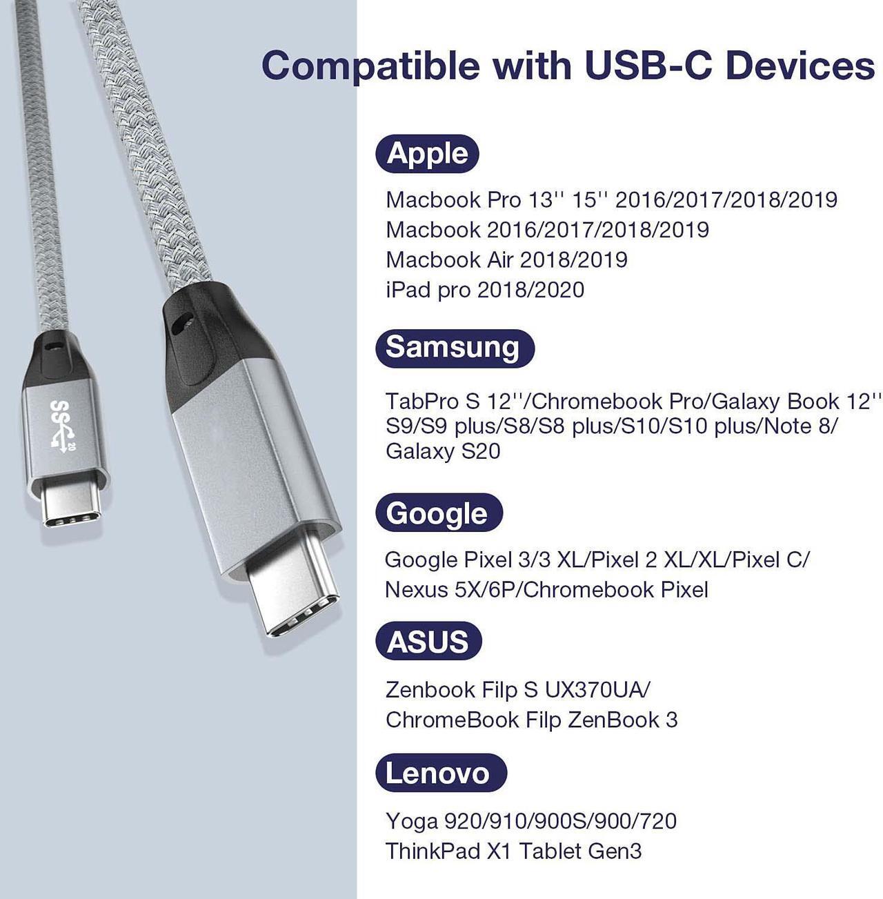 Alt view image 7 of 7 - USB C to USB C Cable 100W, Hannord USB 3.1 Type C Gen 2 10Gbps/20Gbps Data Transfer Cable PD Fast Charging,4K Video Monitor Cord Compatible for Thunderbolt 3,MacBook Pro, iPad Pro,Galaxy S21(3.3 ft.)