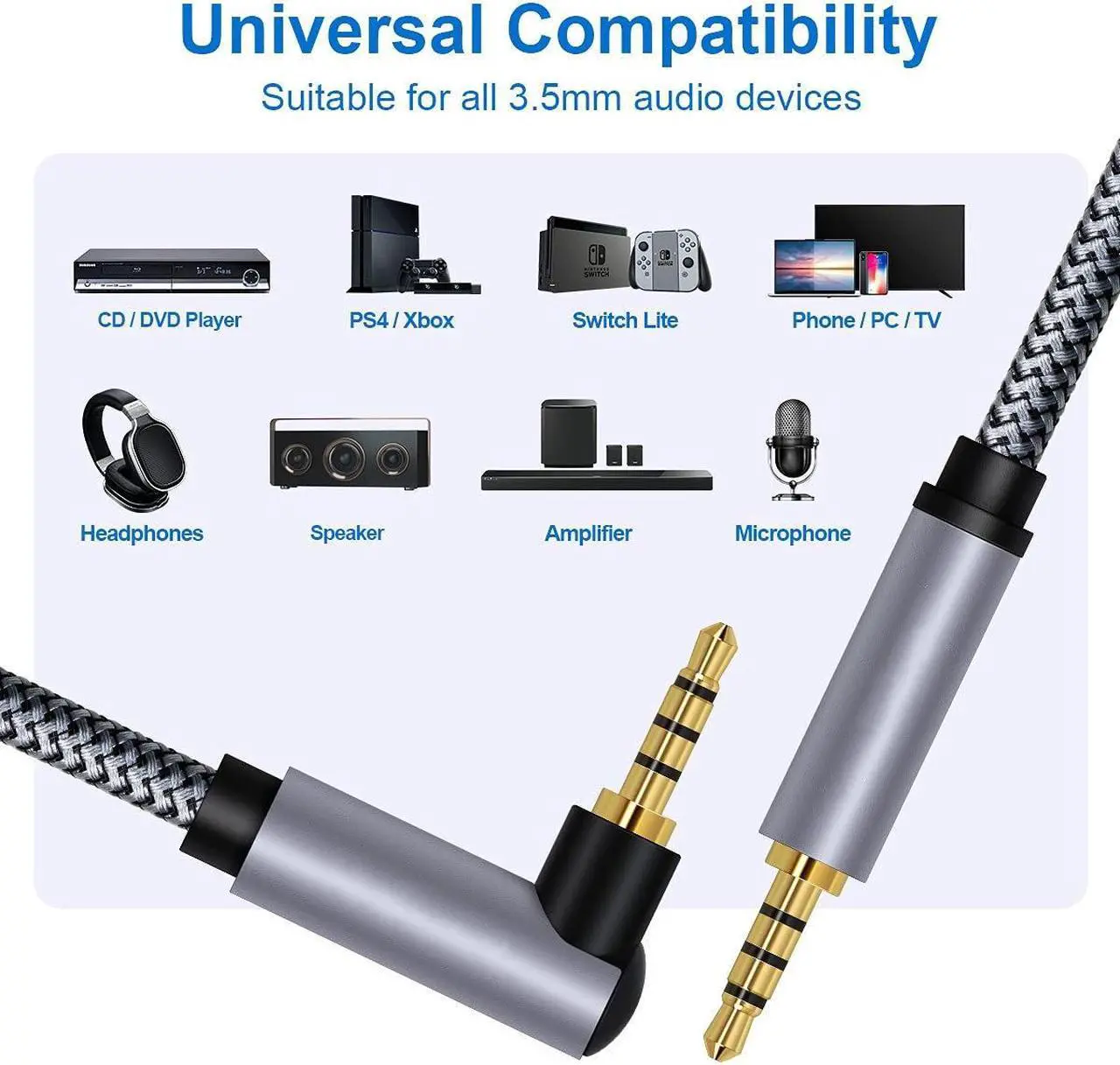 Alt view image 4 of 7 - Hannord 3.5mm Audio Cable 90 Degree AUX Cable Right Angle 4-Pole Headphone Cable Male to Male Nylon Braid Aux Cord for Smartphone,Tablets,Phone etc-Grey 10 ft.