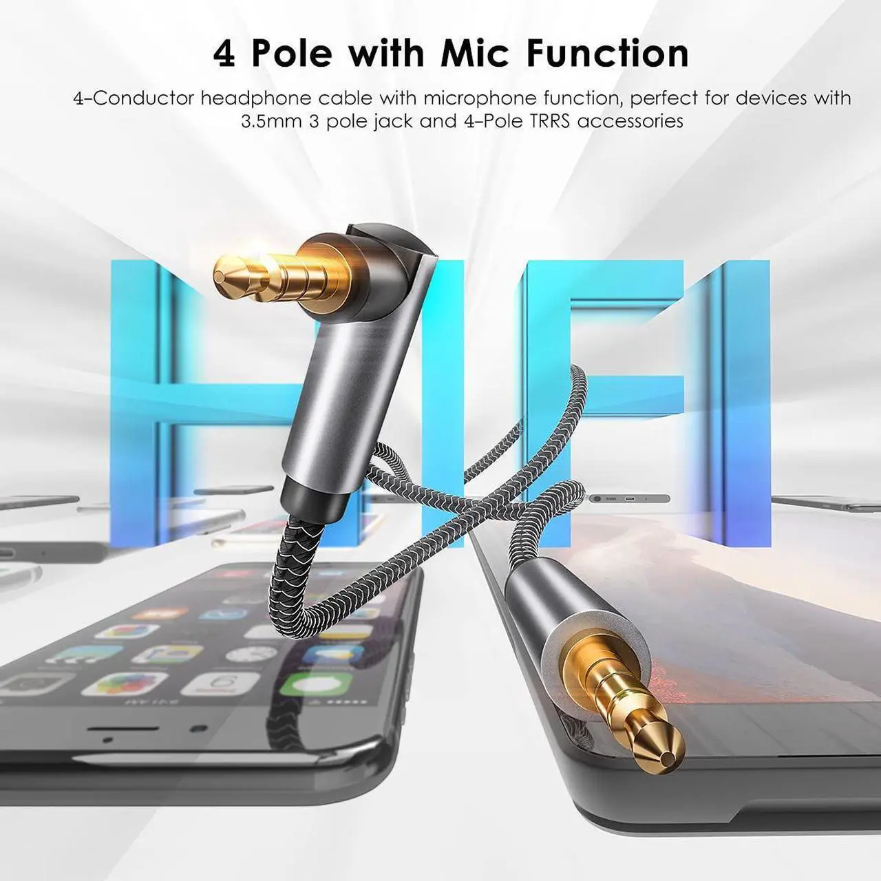 Alt view image 7 of 7 - Hannord 3.5mm Audio Cable 90 Degree AUX Cable Right Angle 4-Pole Headphone Cable Male to Male Nylon Braid Aux Cord for Smartphone,Tablets,Phone etc-Grey 10 ft.