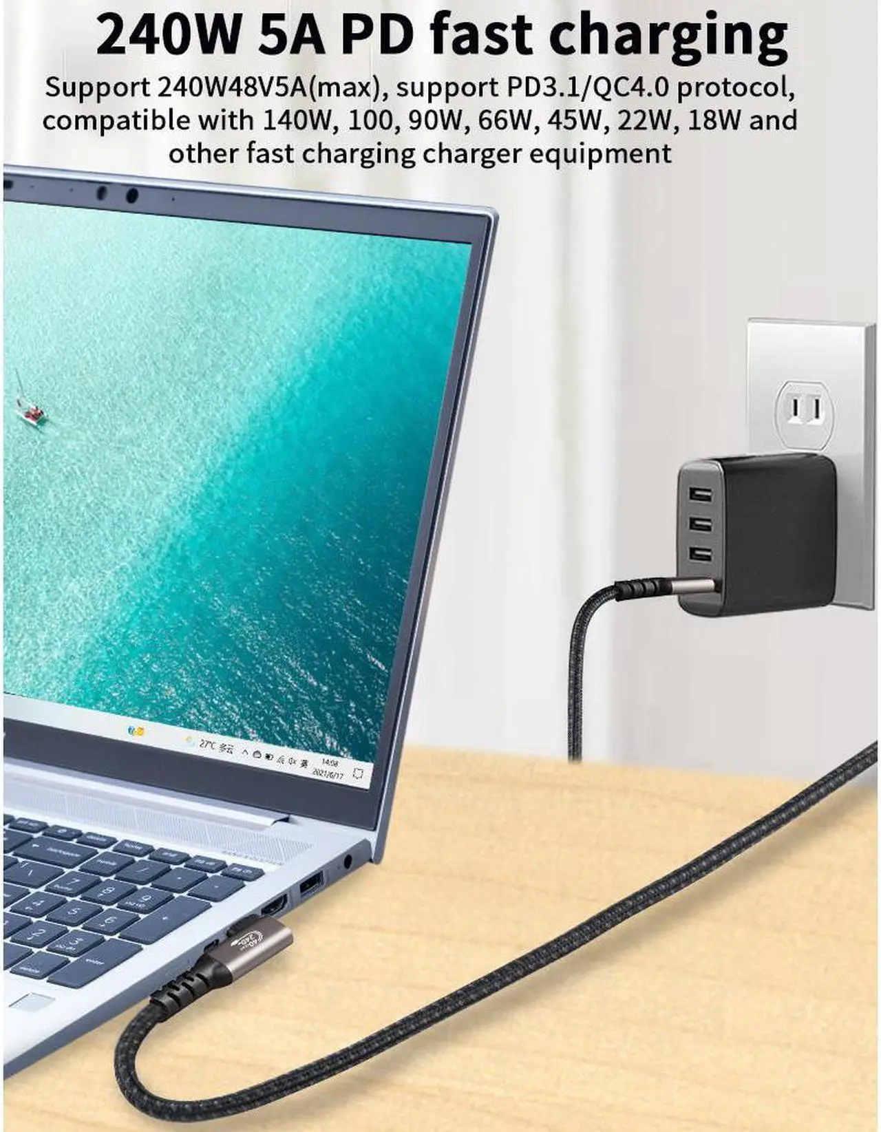 Alt view image 4 of 7 - Hannord USB4.0 Fast Charging Data Cable, Thunderbolt 4 Cable, USB-C to USB-C Cable, 240w Charging Cord, Supports 8K@60Hz Display & 40Gbps Data Transfer Braided Cable For Laptop MacBooks Pro 3.3 ft.
