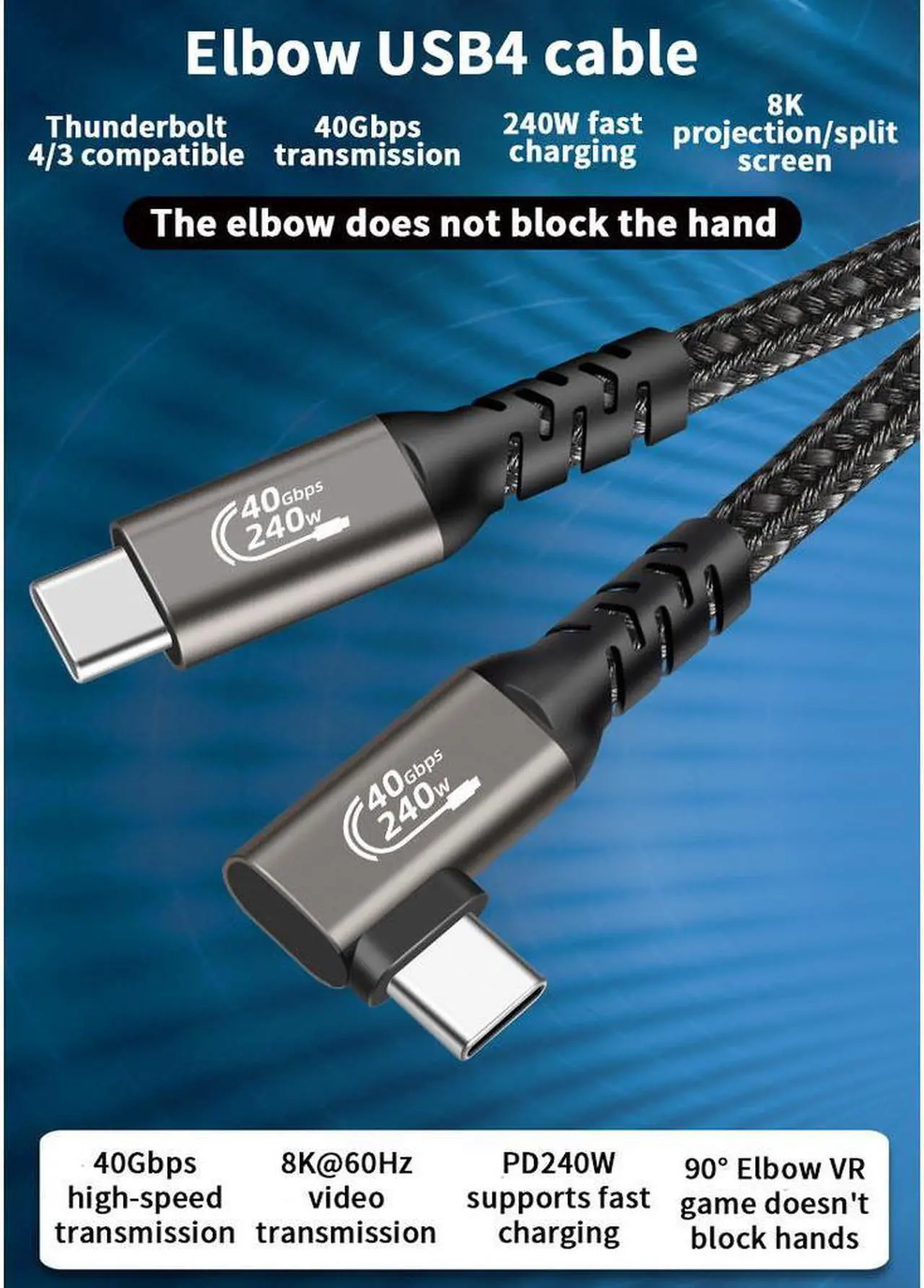Alt view image 3 of 7 - Hannord USB4.0 Fast Charging Data Cable, Thunderbolt 4 Cable, USB-C to USB-C Cable, 240w Charging Cord, Supports 8K@60Hz Display & 40Gbps Data Transfer Braided Cable For Laptop MacBooks Pro 3.3 ft.