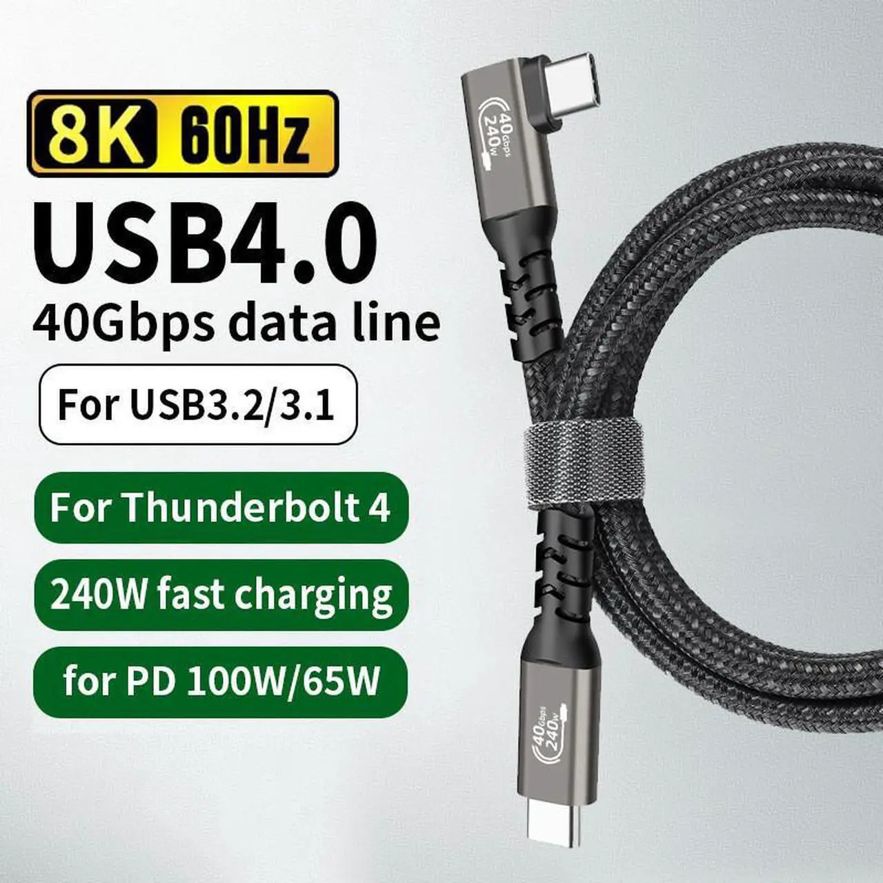 Alt view image 2 of 7 - Hannord USB4.0 Fast Charging Data Cable, Thunderbolt 4 Cable, USB-C to USB-C Cable, 240w Charging Cord, Supports 8K@60Hz Display & 40Gbps Data Transfer Braided Cable For Laptop MacBooks Pro 3.3 ft.