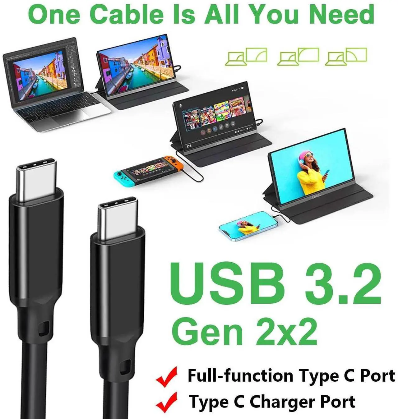 Alt view image 3 of 6 - Hannord USB-C to USB-C 3.2 Gen 2 100W Fast Charging Cord, 20Gbps Speed Cable for Apple iPhone 15 16, MacBook & iPad Pro Air, Samsung Galaxy Smartphone, Tablets, Laptop 10 ft.
