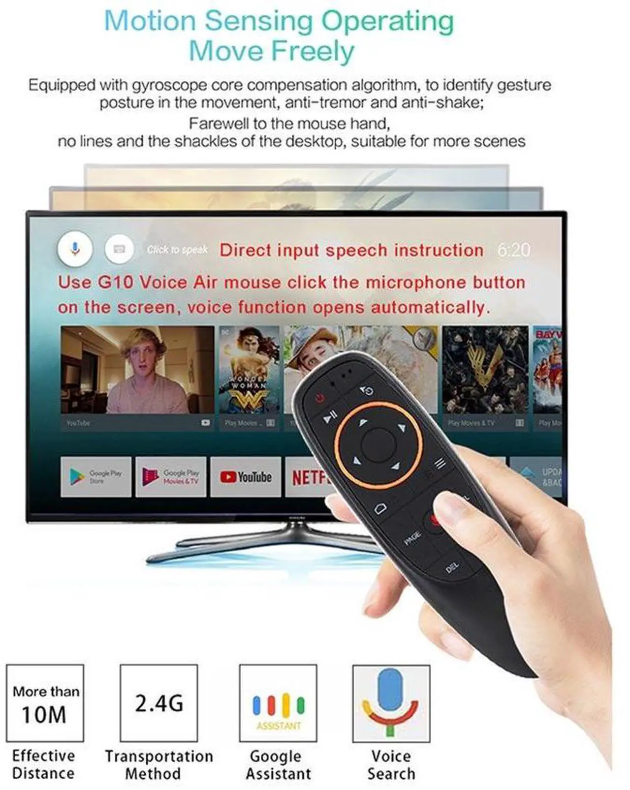 Alt view image 5 of 6 - Hannord G10S Air Mouse Remote Control, Voice Remote 2.4G RF Wireless Remote Control with 6-Axis Gyroscope IR Learning, USB Air Mouse Remote for PC Smart TV Android Box HTPC Laptop Projector