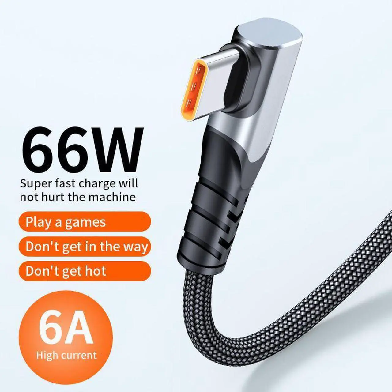 Main image of Hannord  USB C Cable 90 Degree Braided 66W 6A Fast Charging Cord for iPhone 15/Galaxy S10/Pixel 7 and More 3.3ft Grey