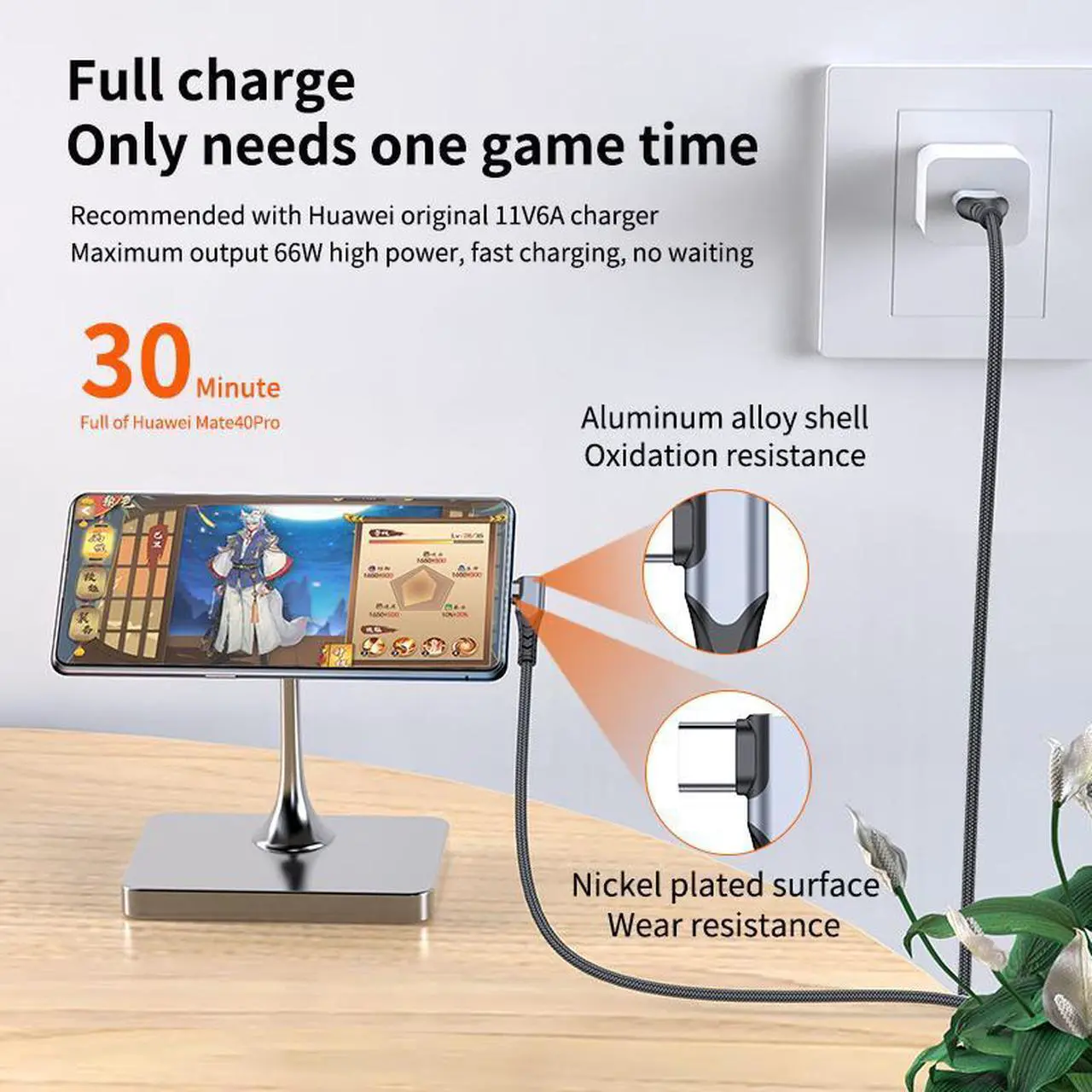 Alt view image 3 of 7 - Hannord  USB C Cable 90 Degree Braided 66W 6A Fast Charging Cord for iPhone 15/Galaxy S10/Pixel 7 and More 3.3ft Grey