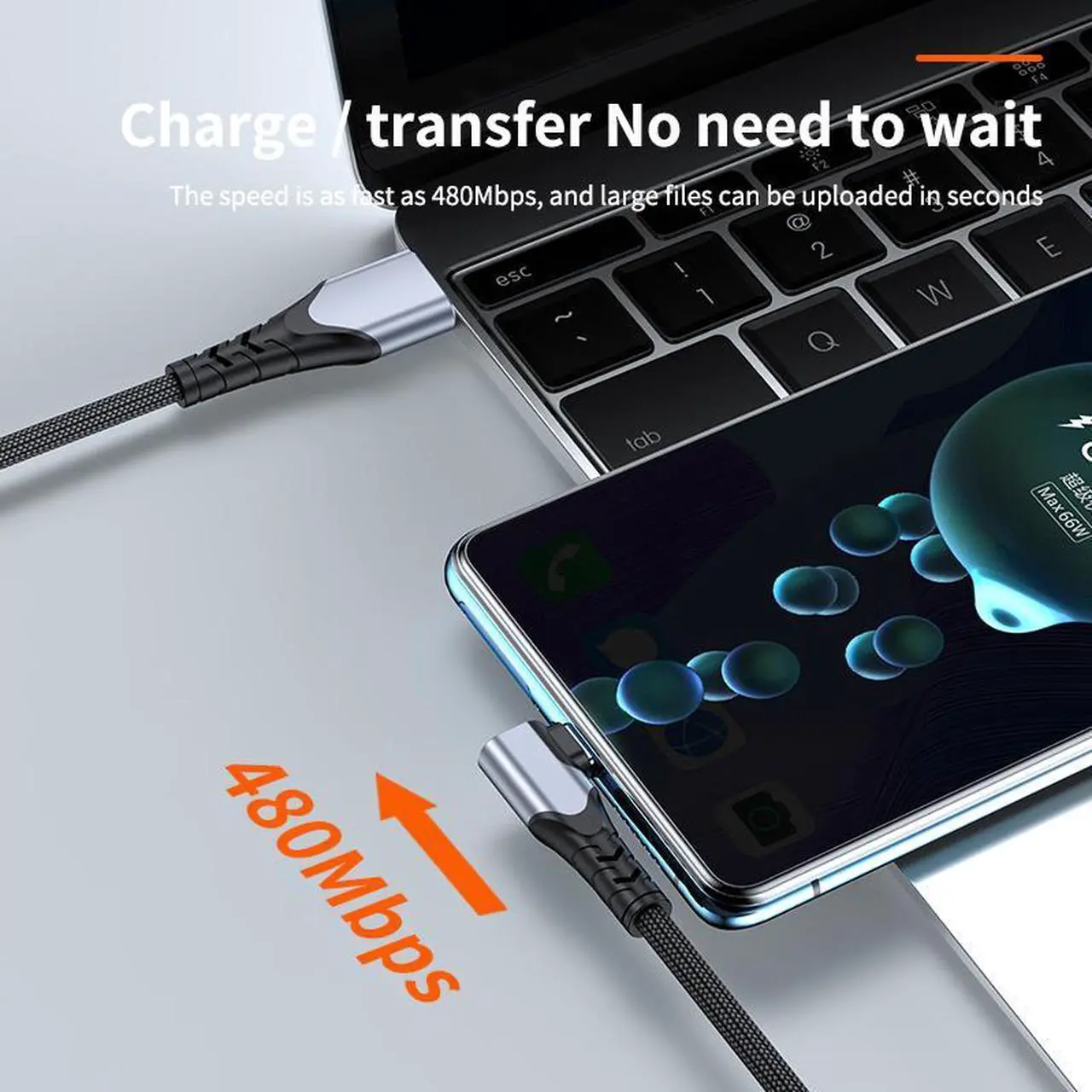 Alt view image 5 of 7 - Hannord  USB C Cable 90 Degree Braided 66W 6A Fast Charging Cord for iPhone 15/Galaxy S10/Pixel 7 and More 3.3ft Grey
