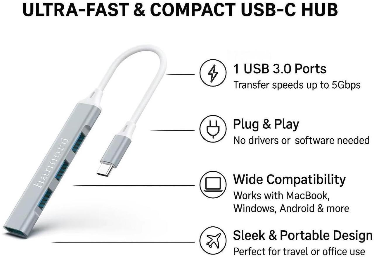 Alt view image 2 of 6 - Hannord USB-C to 4-Port USB Hub Adapter  1 USB 3.0 + 3 USB 2.0 Ports, Portable 5Gbps Slim Type-C Splitter for MacBook Pro/Air, Chromebook, Windows Laptops(Gray)