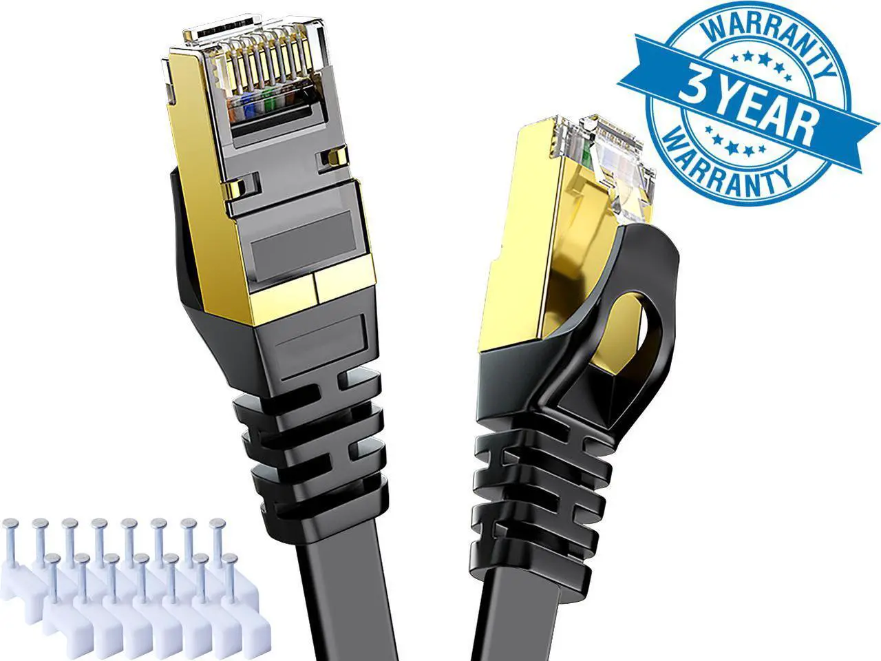 Main image of CAT 7 Ethernet Cable 150 ft Black Flat Gigabit RJ45 LAN Wire High-Speed Patch Cord with Clips for Gaming, Switch, Modem, Router, Coupler