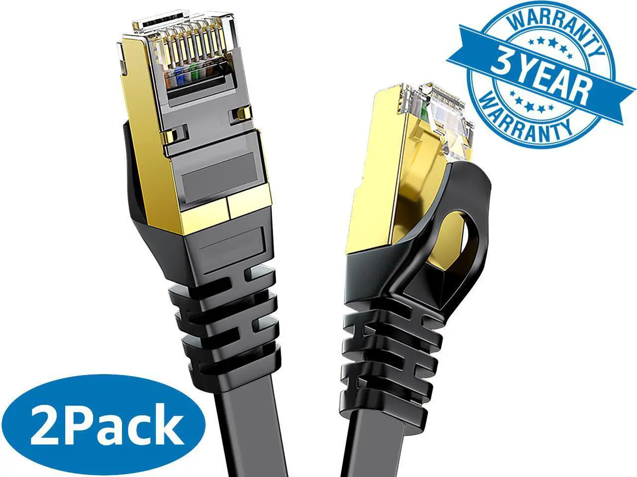 Main image of CAT 7 Ethernet Cable 5 ft Black Flat Gigabit RJ45 LAN Wire High-Speed Patch Cord with Clips for Gaming, Switch, Modem, Router, Coupler-2Pack