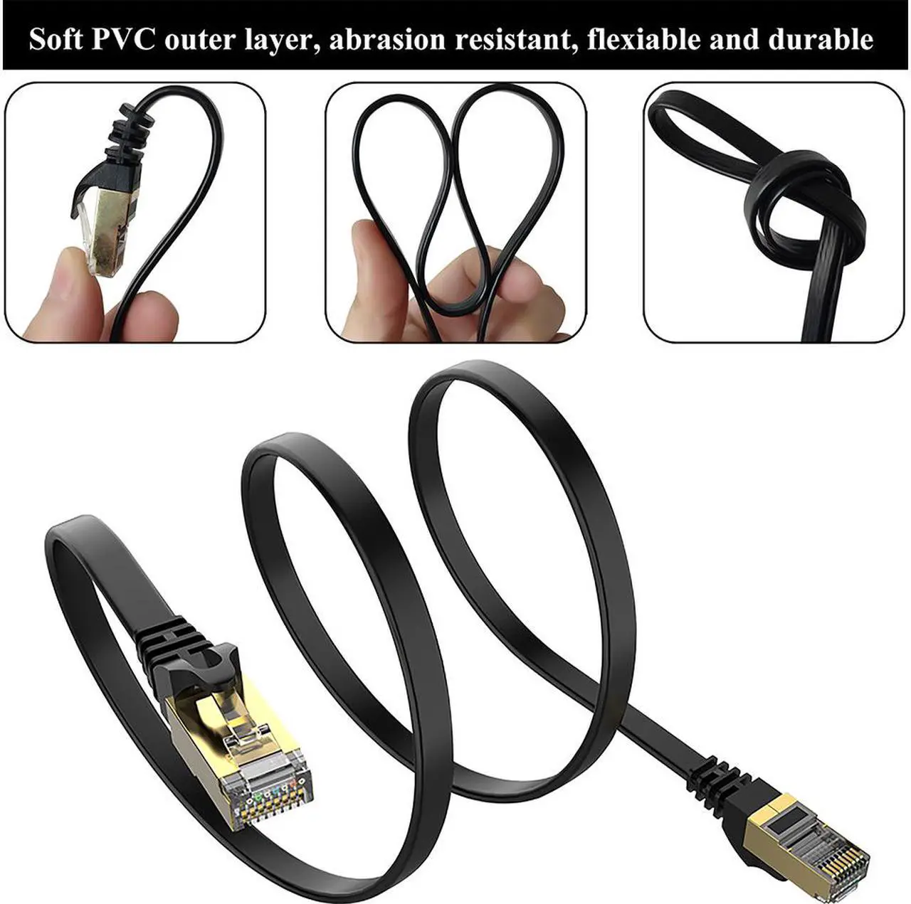 Alt view image 2 of 7 - CAT 7 Ethernet Cable 5 ft Black Flat Gigabit RJ45 LAN Wire High-Speed Patch Cord with Clips for Gaming, Switch, Modem, Router, Coupler-2Pack
