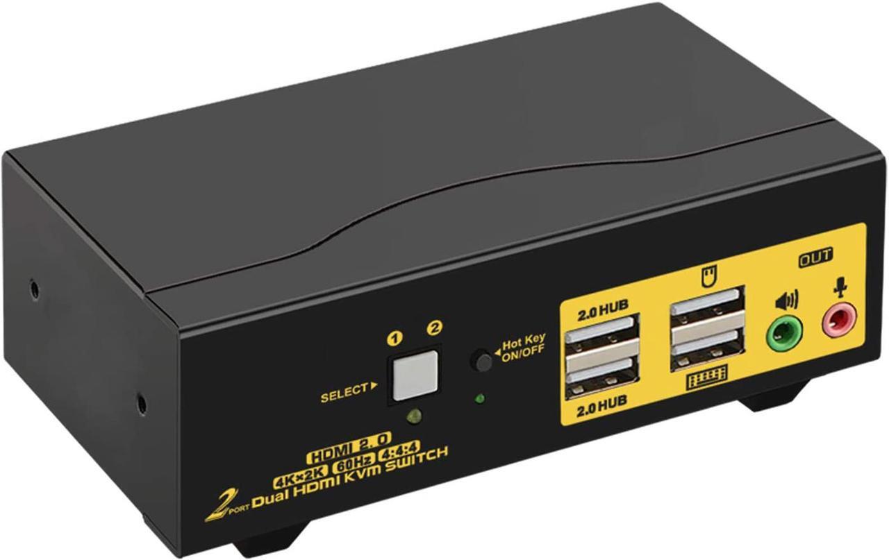 Main image of HDMI KVM Switch 2 Port Dual Monitor 4K 60Hz, 2x2 PC Monitor Keyboard Mouse Selector with Audio and 2 USB 2.0 HUB