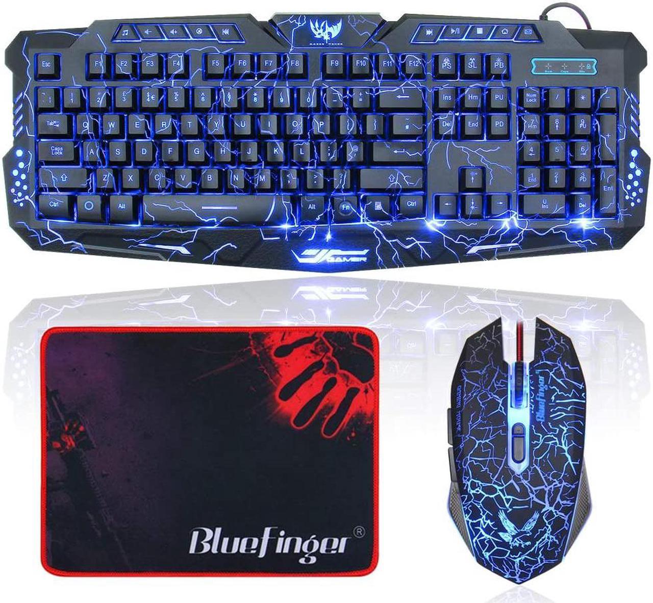 BlueFinger Gaming Keyboard and Mouse,USB Wired Backlit Gaming Mouse and Keyboard Combo,Letters Glow, 3 Color Crack Backlit,Illumination Keyboard and Mouse Set for Game and Work