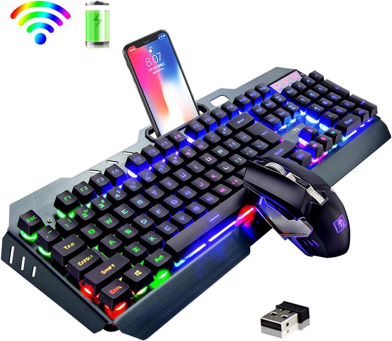 Wireless Keyboard and Mouse,Rainbow LED Backlit Rechargeable Keyboard Mouse with 3800mAh Battery Metal Panel,Mechanical Feel Keyboard and 7 Color Gaming Mute Mouse for Windows Computer Gamers(Rainbow)