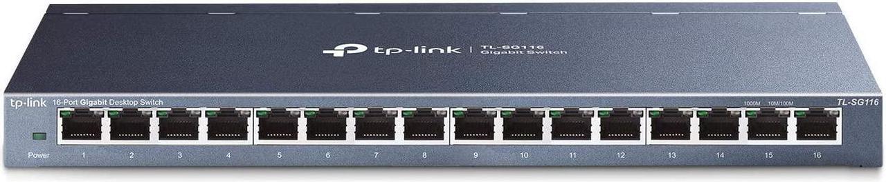 Main image of TP-Link 16 Port Gigabit Ethernet Network Switch, Desktop/ Wall-Mount, Fanless, Sturdy Metal w/ Shielded Ports, Traffic Optimization, Unmanaged (TL-SG116) Black