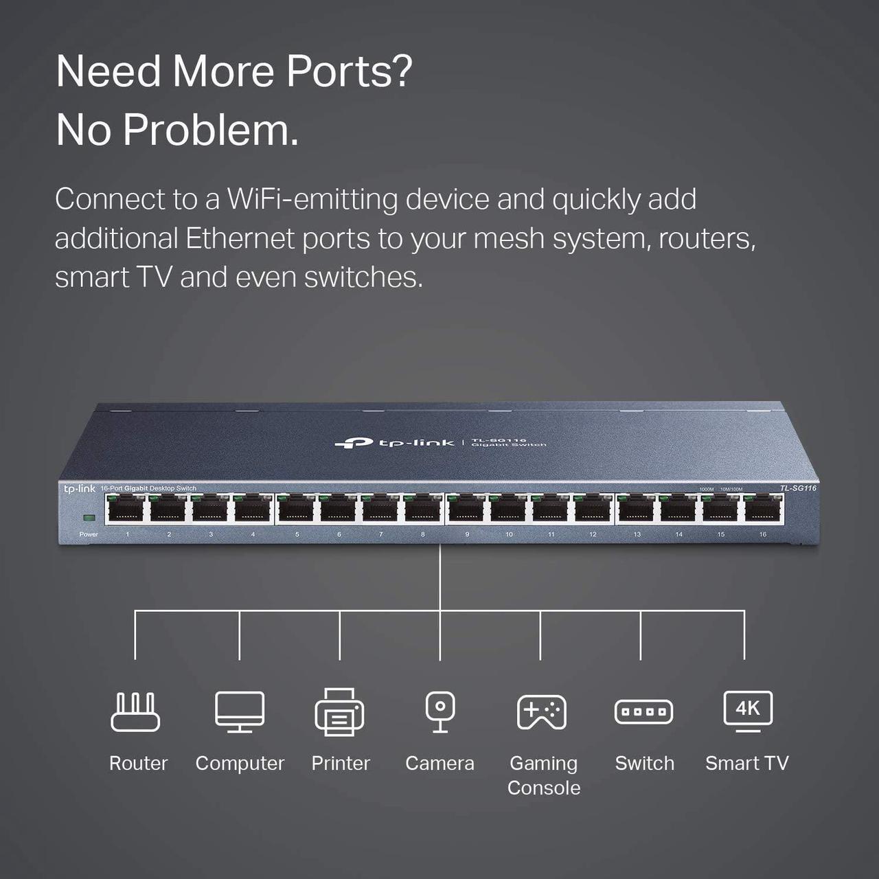 Alt view image 3 of 6 - TP-Link 16 Port Gigabit Ethernet Network Switch, Desktop/ Wall-Mount, Fanless, Sturdy Metal w/ Shielded Ports, Traffic Optimization, Unmanaged (TL-SG116) Black