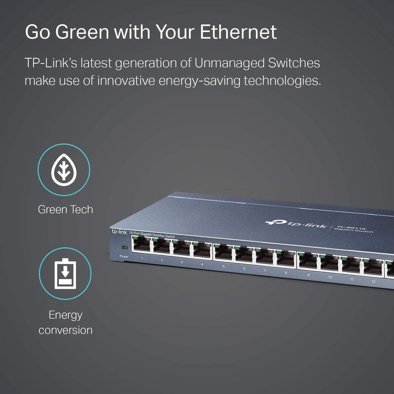 Alt view image 4 of 6 - TP-Link 16 Port Gigabit Ethernet Network Switch, Desktop/ Wall-Mount, Fanless, Sturdy Metal w/ Shielded Ports, Traffic Optimization, Unmanaged (TL-SG116) Black