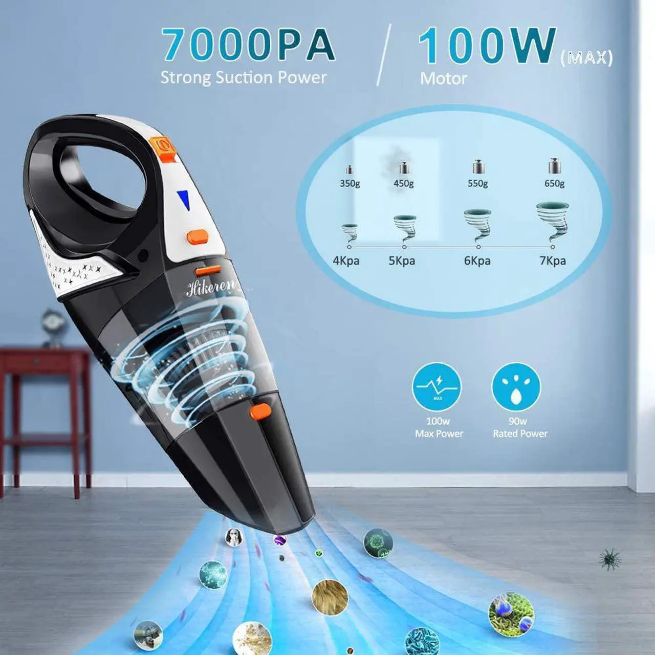 Alt view image 3 of 7 - Handheld Vacuum, 7Kpa Powerful Cyclonic Suction Wet & Dry Vacuum Cleaner, Cordless Handheld Vacuum with Stainless Steel HEPA Filter, Rechargeable Portable Handheld Vac with Lithium Battery