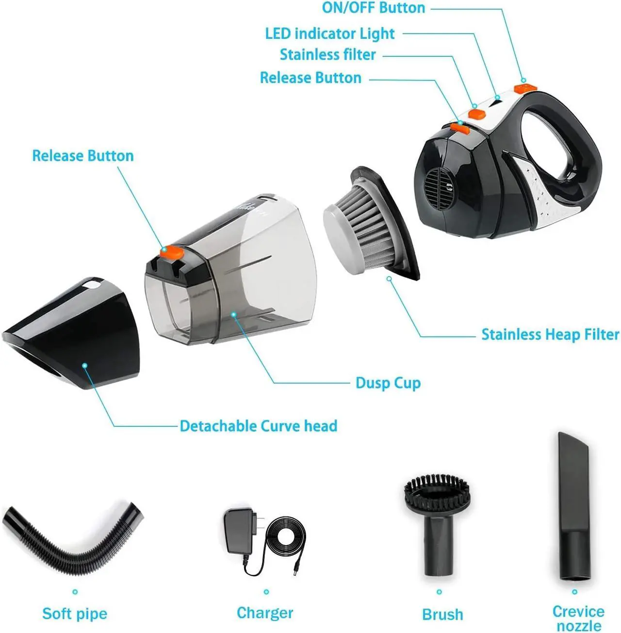 Alt view image 5 of 7 - Handheld Vacuum, 7Kpa Powerful Cyclonic Suction Wet & Dry Vacuum Cleaner, Cordless Handheld Vacuum with Stainless Steel HEPA Filter, Rechargeable Portable Handheld Vac with Lithium Battery