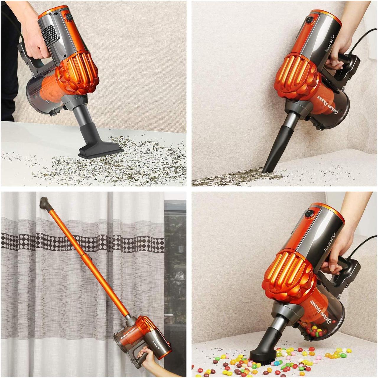 Alt view image 6 of 6 - Stick Vacuum Cleaner Corded 23ft,  Small Handheld Hardwood Floor Vacuum with HEPA Filter for Household Vacuum Cleaners, Adjustable Lightweight Vacuum Cleaner Pet Hair with Three Brush Head-Orange