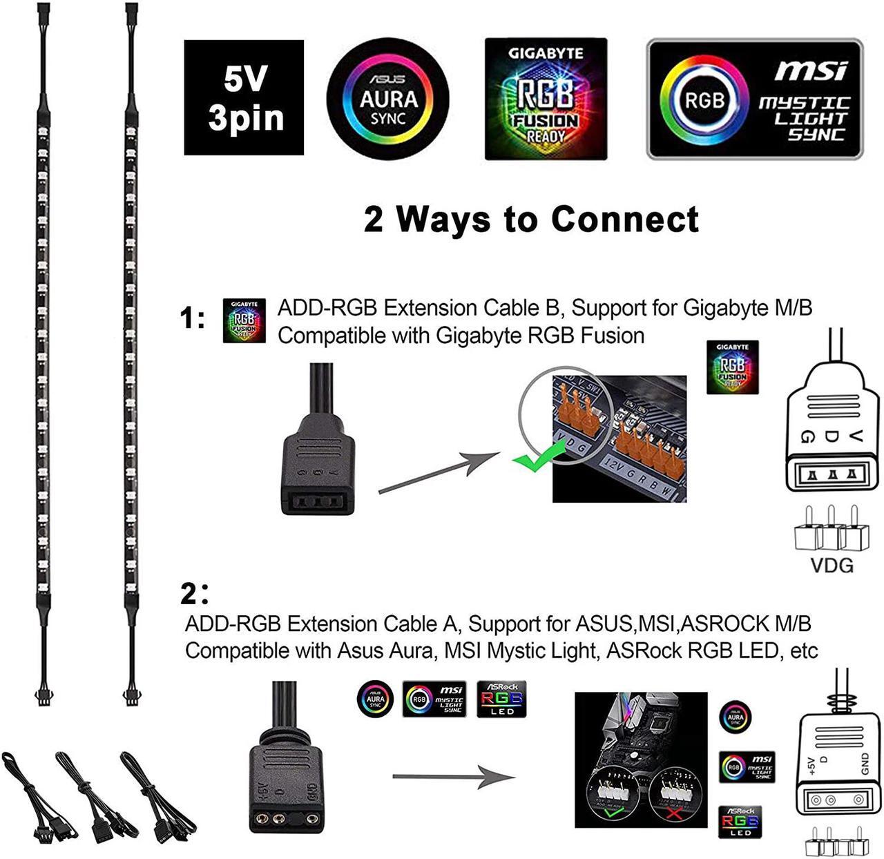 Alt view image 6 of 6 - Addressable PC RGB LED Strip, Magnetic Rainbow PC Case Lighting, 2PCS Strips 42LEDs for 5V 3-pin ARGB LED headers, for ASUS Aura SYNC, Gigabyte RGB Fusion, MSI Mystic Light Sync Motherboard