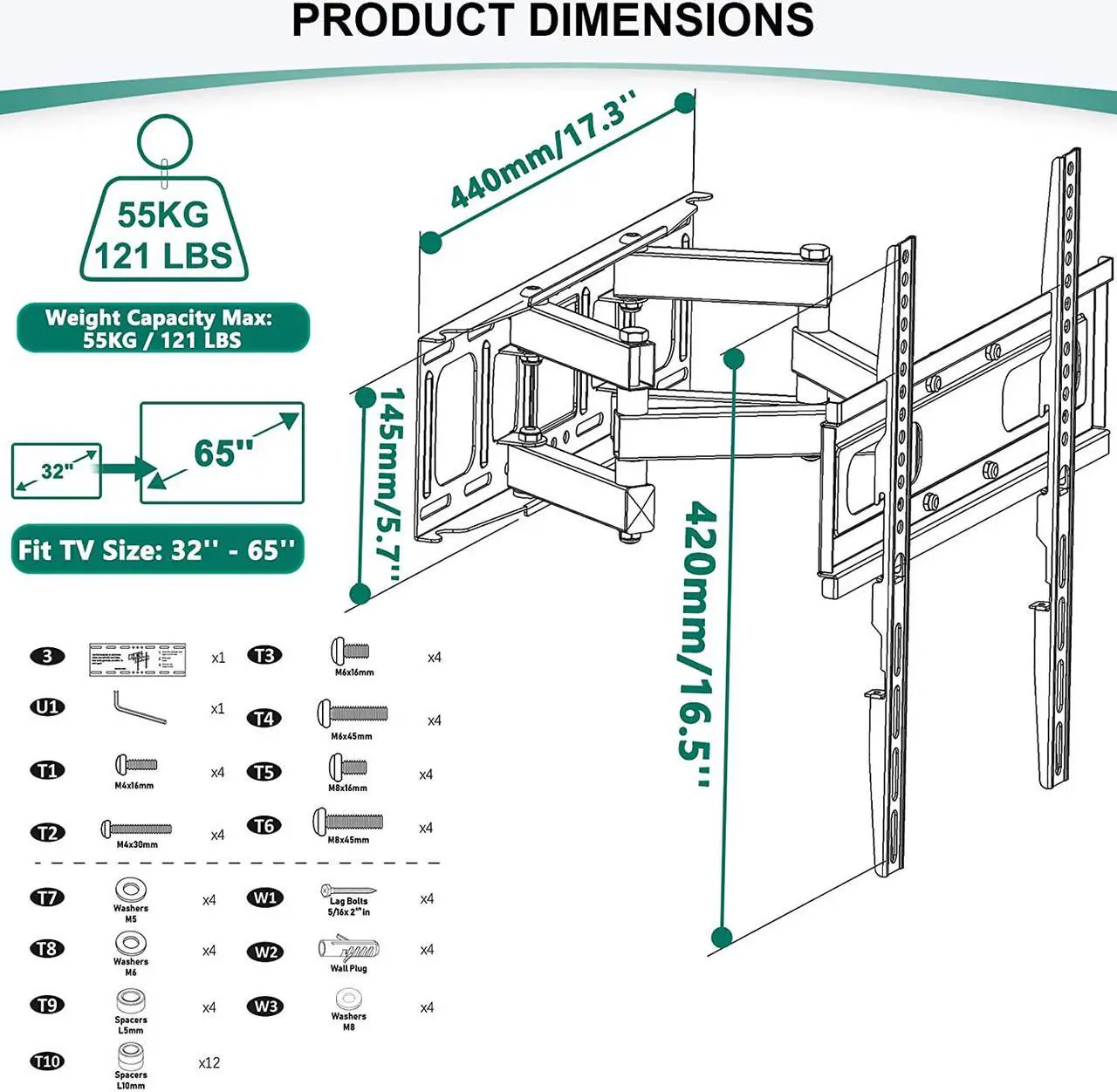 Alt view image 2 of 7 - Full Motion 32-70 inch TV Wall Mount for Most Flat Screen/LED/4K TVs,  TV Mount Bracket Dual Swivel Articulating Tilt 6 Arms, Max VESA 400x400mm, Holds up to 121lbs, Up to 16" Wood Stud